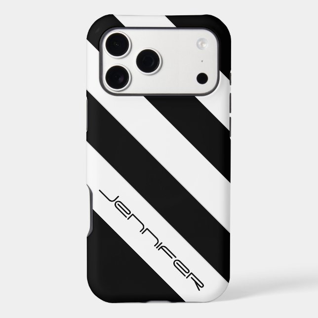 Black & White Diagonal Stripe, Minimalist, Name (Back)