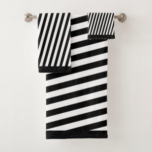 Black White Diagonal Stripes Bath Towel Set