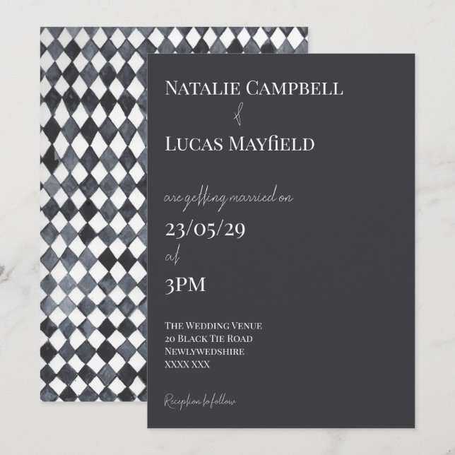 Black & White Diamond Back Wedding Invitation (Front/Back)