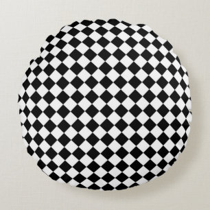 Black White Diamond Chequerboard Round Cushion