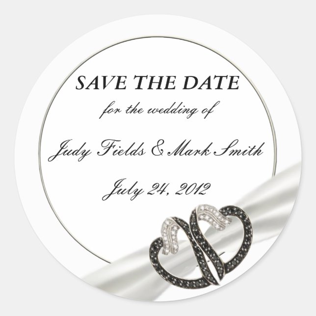 Black & White Diamond Heart Save The Date Stickers (Front)