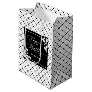 Black & White Diamond Pattern Botanical Birthday Medium Gift Bag