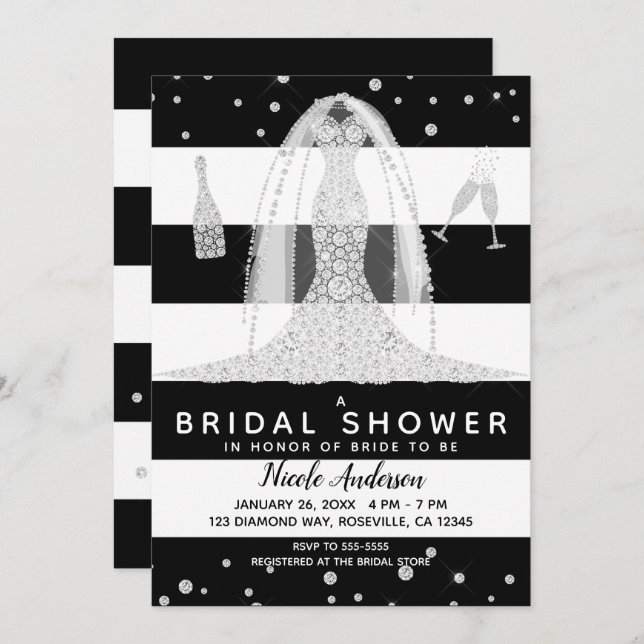 Black White Diamond Wedding Dress Bridal Shower Invitation (Front/Back)