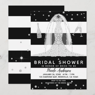 Black White Diamond Wedding Dress Bridal Shower Invitation