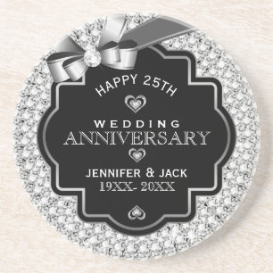 Black & White Diamonds 25th Wedding Anniversary Coaster