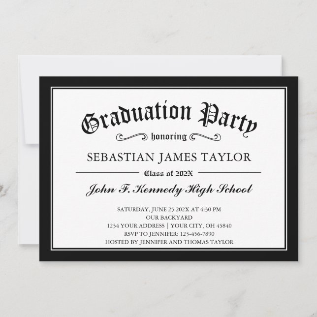 Black White Diploma Style Graduation Party Invitation (Front)