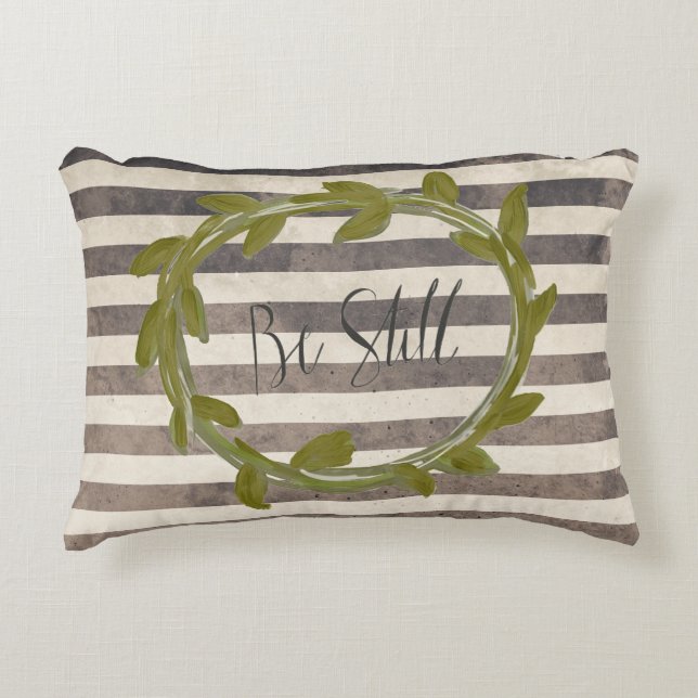 Black & White Distressed Stripe Ivy Wreath Pillow (Front)