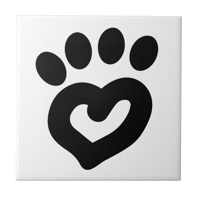 Black & White Dog Heart Paw Print Ceramic Tile (Front)
