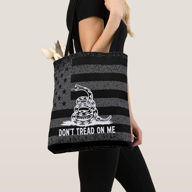 Black & White Don't Tread On Me American Flag Tote Bag (Close Up)