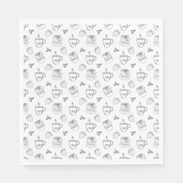 Black White Doodle Breakfast Pattern Hand Drawn  Napkin (Front)