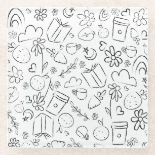 Black & White Doodle Cute Things Seamless Pattern Glass Coaster