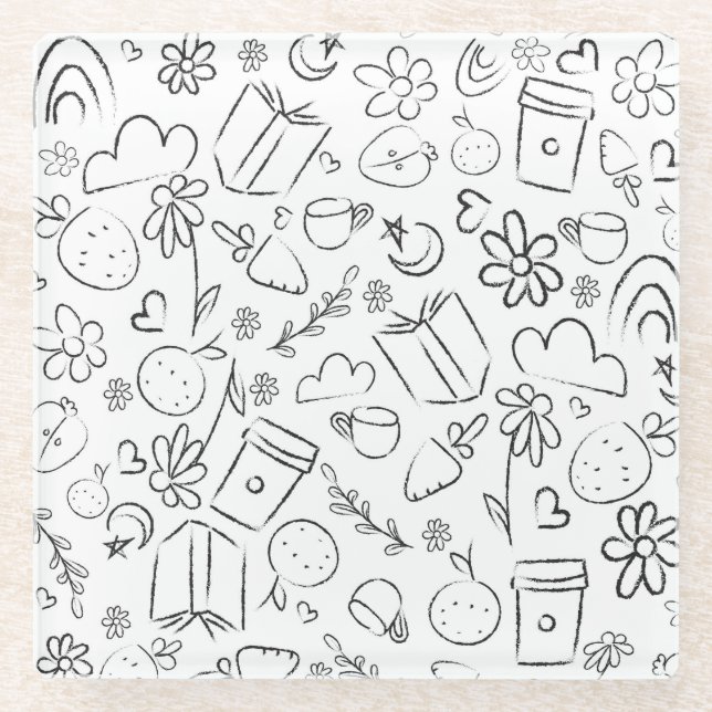 Black & White Doodle Cute Things Seamless Pattern Glass Coaster (Front)