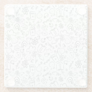 Black & White Doodle Cute Things Seamless Pattern Glass Coaster