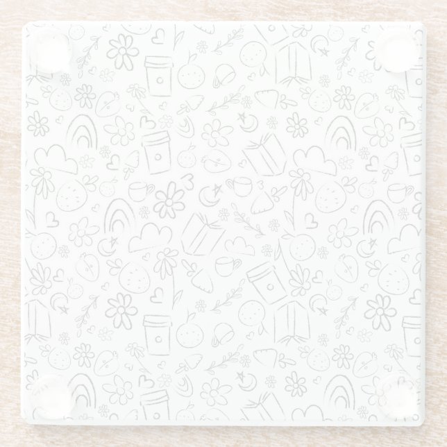 Black & White Doodle Cute Things Seamless Pattern Glass Coaster (Back)