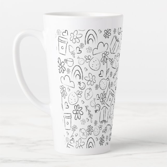 Black & White Doodle Cute Things Seamless Pattern Latte Mug (Left)