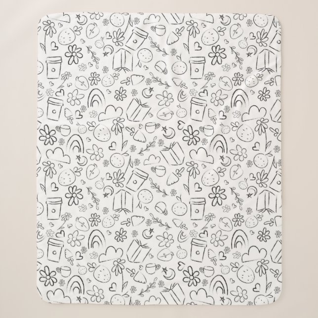 Black & White Doodle Cute Things Seamless Pattern Sherpa Blanket (Front)