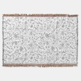 Black & White Doodle Cute Things Seamless Pattern Throw Blanket