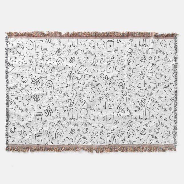 Black & White Doodle Cute Things Seamless Pattern Throw Blanket (Front)