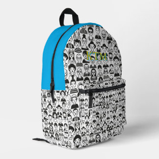 Black White Doodle Faces Monogram Bright Blue Printed Backpack