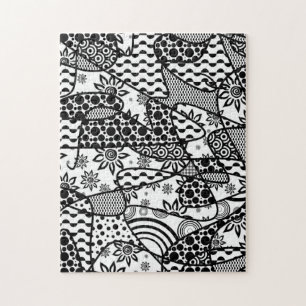 Black & White Doodle Pattern Patchwork 03 Jigsaw Puzzle