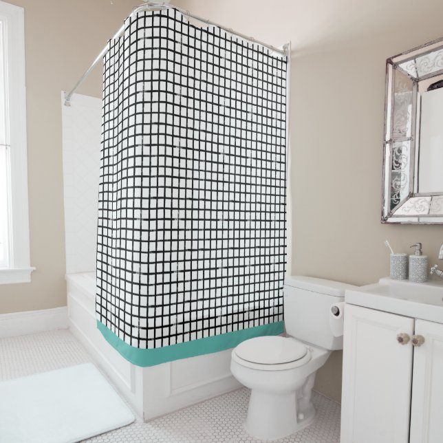 Black & White Doodle Plaid Pattern Shower Curtain (In Situ)
