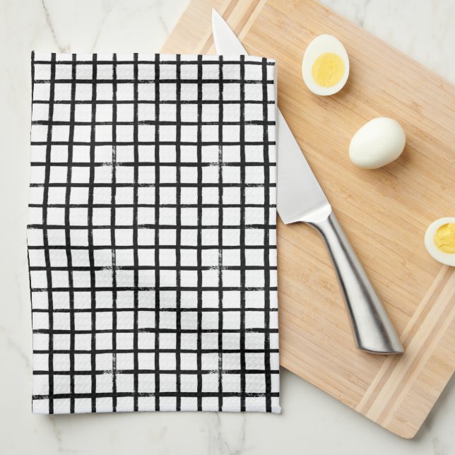 Black & White Doodle Plaid Pattern Tea Towel (Quarter Fold)