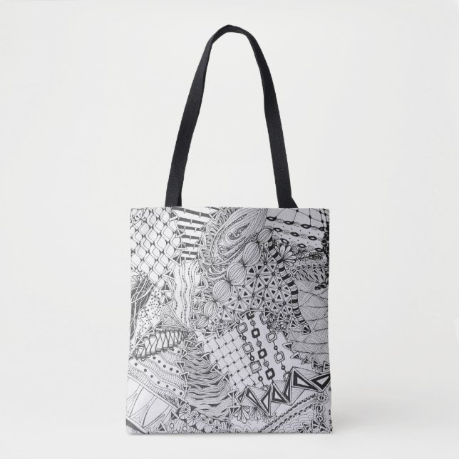 Black & White Doodle, Tangled Original Drawing Tote Bag (Front)