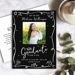 Black White Doodles Save the Date Graduation Photo Invitation Postcard