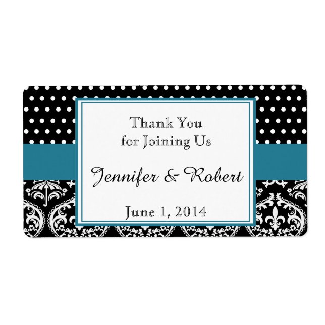 Black White Dots and Damask Water Bottle Label (Front)