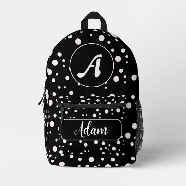 Black & White Dots - Best Monogram & Initial Name Printed Backpack (Front)