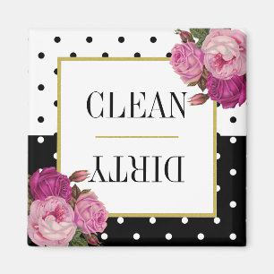 Black White Dots Floral Clean Dirty Dishwasher Magnet