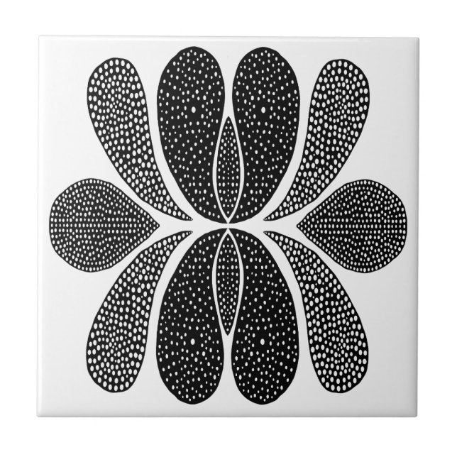 Black White Dotted Dots Drops Paisley Symmetry Ceramic Tile (Front)