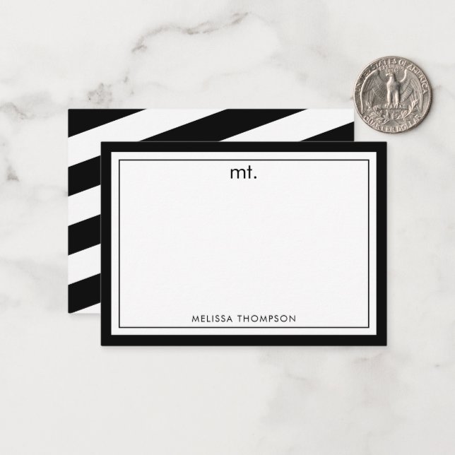 Black White Double Border Modern Monogram Striped Card (Front/Back In Situ)