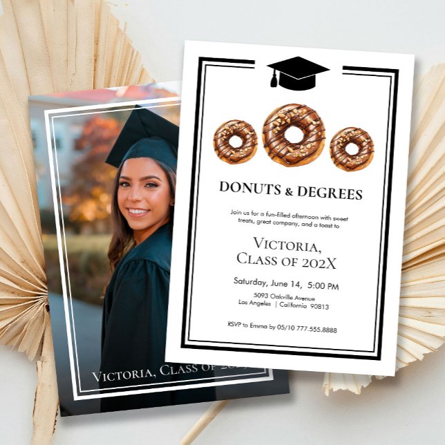 Black & White Doughnuts and Degrees Photo Graduati Invitation (Creator Uploaded)