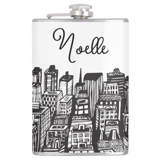 Black & White Downtown City, Skyscrapers, Name Hip Flask (Front)