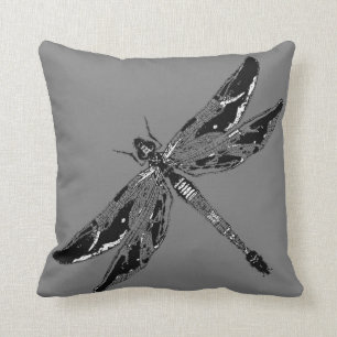 Black & White Dragonfly Grey Pillow By Sharles