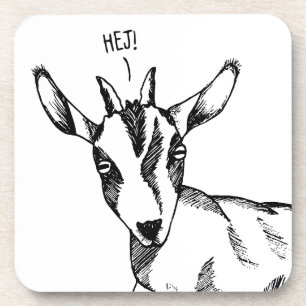 Black & White Drawing of Small Goat saying "Hej!" Coaster