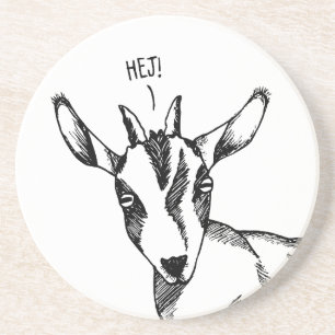 Black & White Drawing of Small Goat saying "Hej!" Coaster