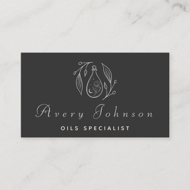 Black & White Drawn Potion Bottle Oils Specialist Business Card (Front)