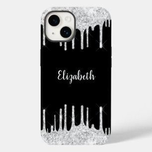 Black White Dripping Glitter Silver Monogram Case-Mate iPhone 14 Case