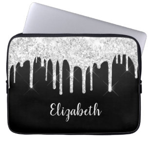 Black White Dripping Glitter Silver Monogram  Laptop Sleeve
