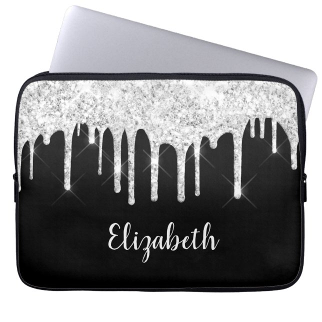 Black White Dripping Glitter Silver Monogram  Laptop Sleeve (Front)