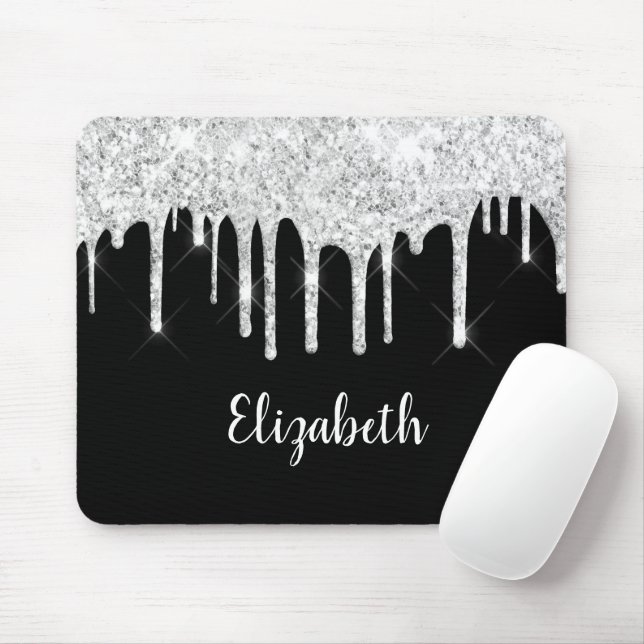 Black White Dripping Glitter Silver Monogram Mouse Pad (With Mouse)