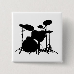 Black & White Drum Kit Silhouette - For Drummers 15 Cm Square Badge