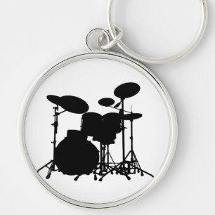 Black & White Drum Kit Silhouette - For Drummers Key Ring