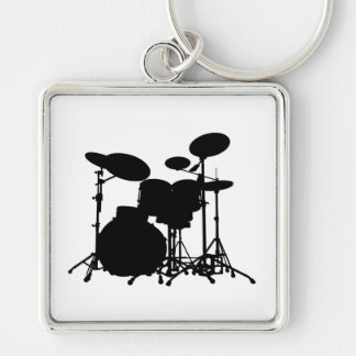 Black & White Drum Kit Silhouette - For Drummers Key Ring