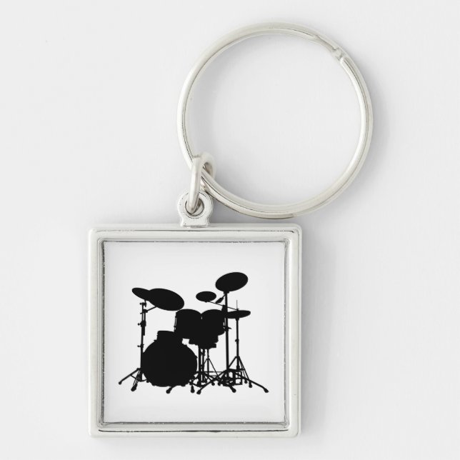 Black & White Drum Kit Silhouette - For Drummers Key Ring (Front)