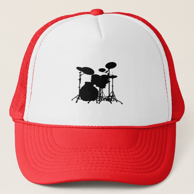 Black & White Drum Kit Silhouette - For Drummers Trucker Hat (Front)