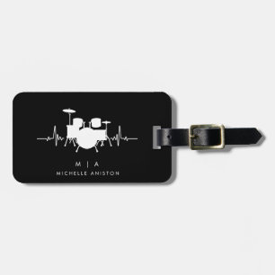 Black White Drums Heartbeat Drummer Monogram Luggage Tag