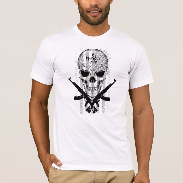 Black & White E Pluribus Unum Skull Flag & Guns T-Shirt (Front)